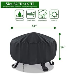 TwoPone Fire Pit Cover Round, 32 Inch Round Firepit Covers for Outdoor, Upgraded Waterproof 600D Fireplace Cover Black