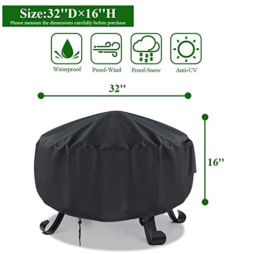 TwoPone Fire Pit Cover Round, 32 Inch Round Firepit Covers for Outdoor, Upgraded Waterproof 600D Fireplace Cover Black