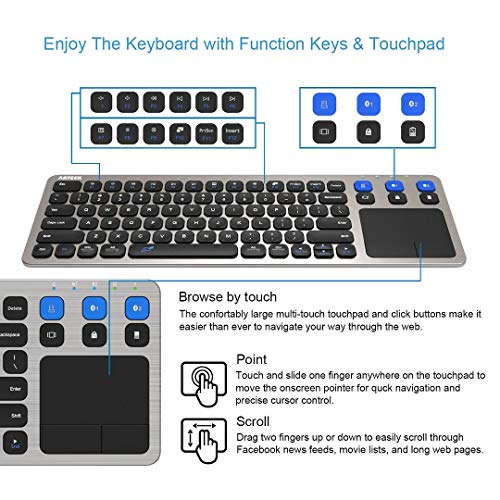 Arteck Universal 2.4G Wireless and Bluetooth Touch TV Keyboard Multi-Device with Easy Media Control and Build-in Touchpad Keyboard for Smart TV, TV Box, TV-Connected Computer, Mac, HTPC