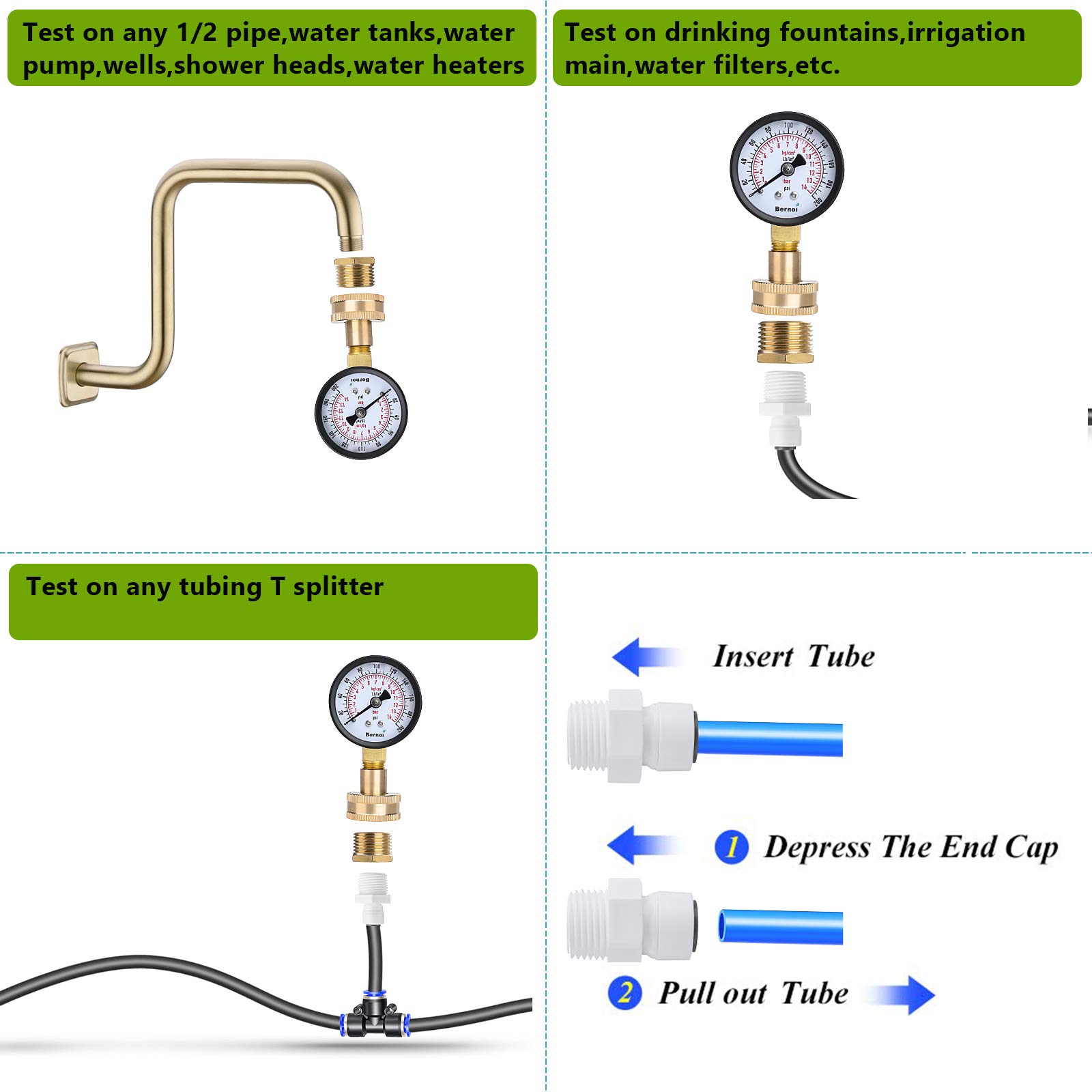 Water Pressure Gauge Kit,Universal Water Pressure Test Gauge with Lead-Free Brass Hose Fittings,3/4" Female Coupler Plus 5 Adapters to Test in Multiple Systems,0-200 Psi Hydraulic Pressure Tester