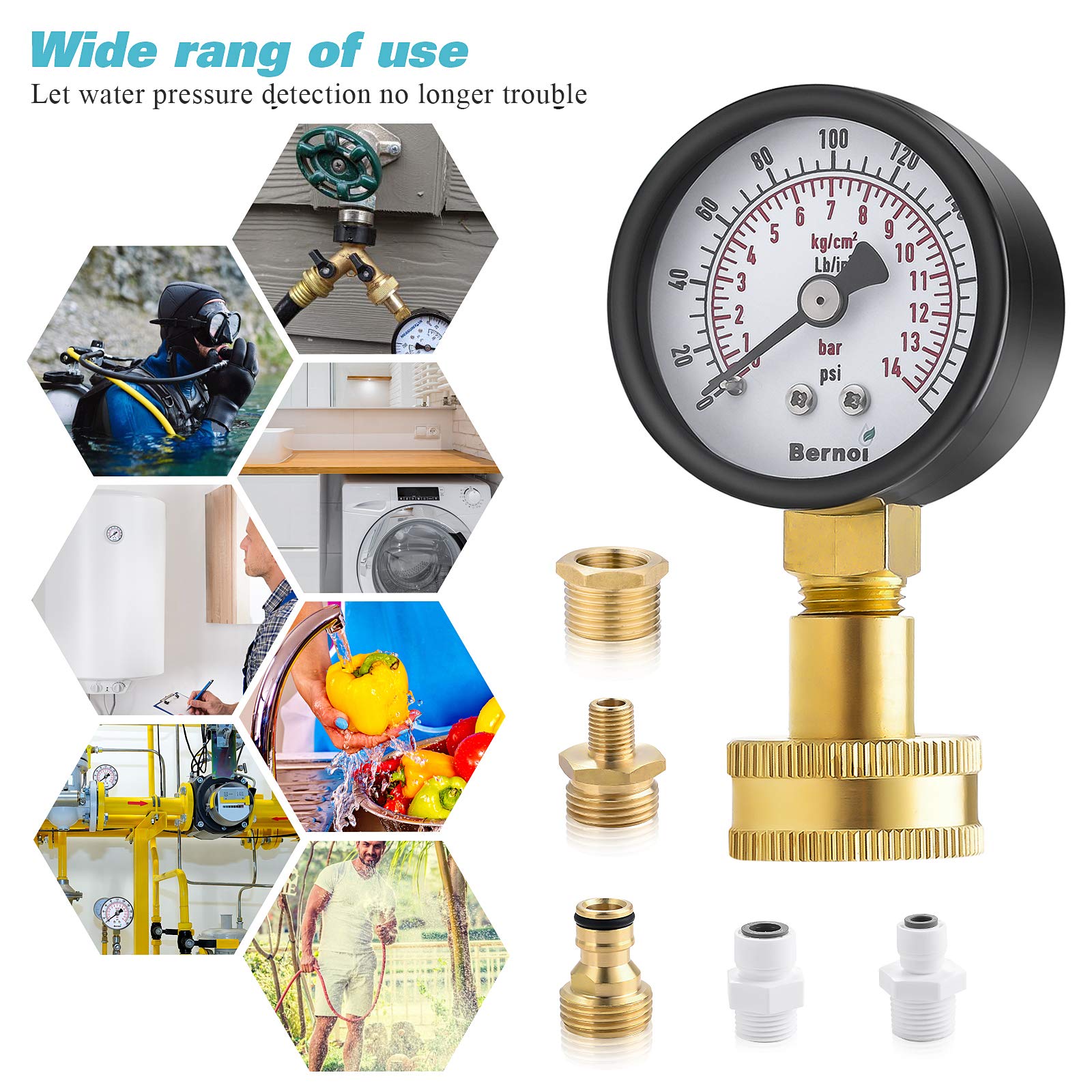 Water Pressure Gauge Kit,Universal Water Pressure Test Gauge with Lead-Free Brass Hose Fittings,3/4" Female Coupler Plus 5 Adapters to Test in Multiple Systems,0-200 Psi Hydraulic Pressure Tester