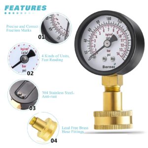 Water Pressure Gauge Kit,Universal Water Pressure Test Gauge with Lead-Free Brass Hose Fittings,3/4" Female Coupler Plus 5 Adapters to Test in Multiple Systems,0-200 Psi Hydraulic Pressure Tester