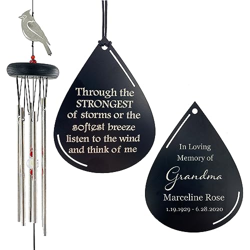 Cardinal Memorial Gift for Loss of Mother Personalized Wind Chimes Red and Diamond with Metal Through the Strongest of Storms Circle in Remembrance by Weathered Raindrop