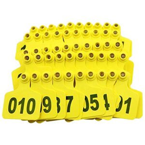 cattle ear tags, large plastic livestock ear tags for sheep cattle calf hog with number 001-100/101-200/201-300, animal identification ear tags (yellow, 001-100)