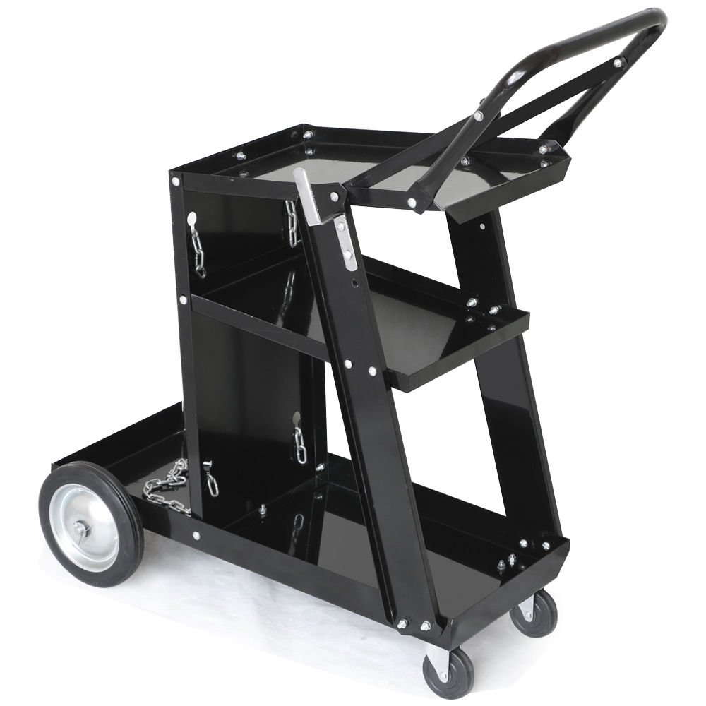 3-Tier Rolling Welding Cart Portable Heavy Duty for Plasma Cutter, Welding Welder Cart 350 Lbs Weight Capacity with Tank Storage & 2 Cable Hooks & Safety Chain Plasma Cutting Equipment (Black)