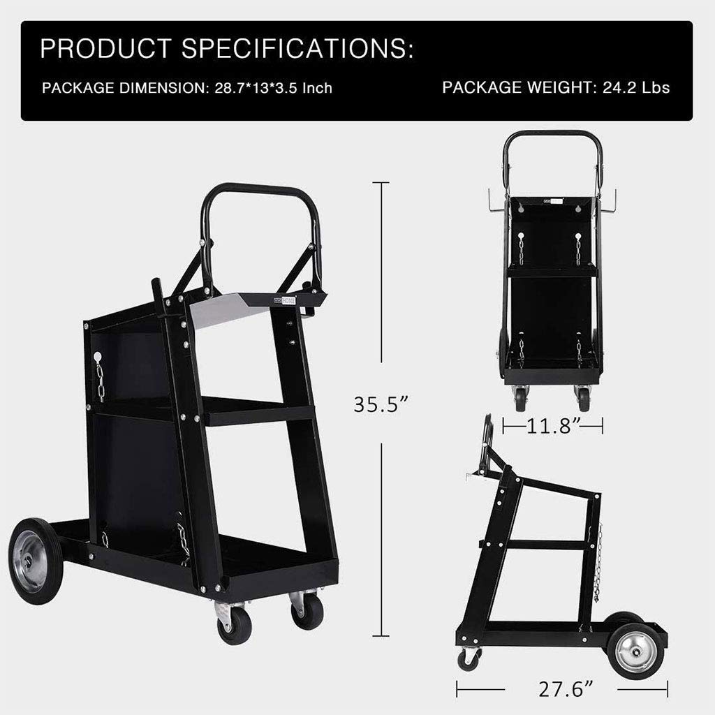 3-Tier Rolling Welding Cart Portable Heavy Duty for Plasma Cutter, Welding Welder Cart 350 Lbs Weight Capacity with Tank Storage & 2 Cable Hooks & Safety Chain Plasma Cutting Equipment (Black)