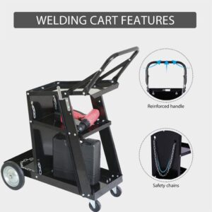 3-Tier Rolling Welding Cart Portable Heavy Duty for Plasma Cutter, Welding Welder Cart 350 Lbs Weight Capacity with Tank Storage & 2 Cable Hooks & Safety Chain Plasma Cutting Equipment (Black)