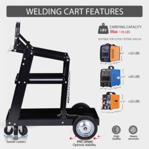 3-Tier Rolling Welding Cart Portable Heavy Duty for Plasma Cutter, Welding Welder Cart 350 Lbs Weight Capacity with Tank Storage & 2 Cable Hooks & Safety Chain Plasma Cutting Equipment (Black)