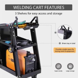 3-Tier Rolling Welding Cart Portable Heavy Duty for Plasma Cutter, Welding Welder Cart 350 Lbs Weight Capacity with Tank Storage & 2 Cable Hooks & Safety Chain Plasma Cutting Equipment (Black)