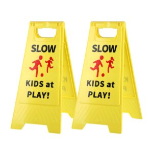 slow kids at play sign, children at play safety signs with double-sided text and graphics for street neighborhoods schools park sidewalk driveway (2-pack green)