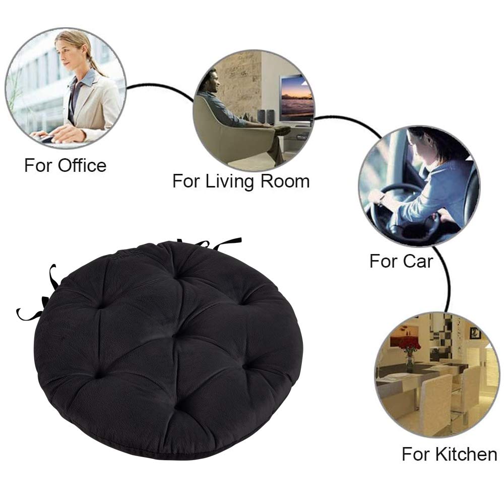 Big Hippo Chair Pads with Ties, Soft 17-Inch Round Thicken Chair Pads Seat Cushion Pillow for Garden Patio Home Kitchen Office or Car Sitting(Black)