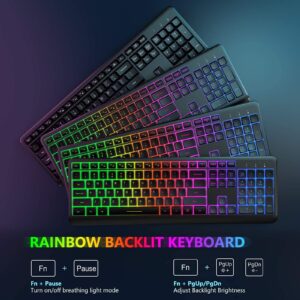 Wireless Keyboard and Mouse Combo Backlit , seenda Rechargeable Full-Size Illuminated Wireless Keyboard and Mouse Set, 2.4Ghz Silent Keyboard and Mouse for Computer, Laptops, Windows, Gaming, Black