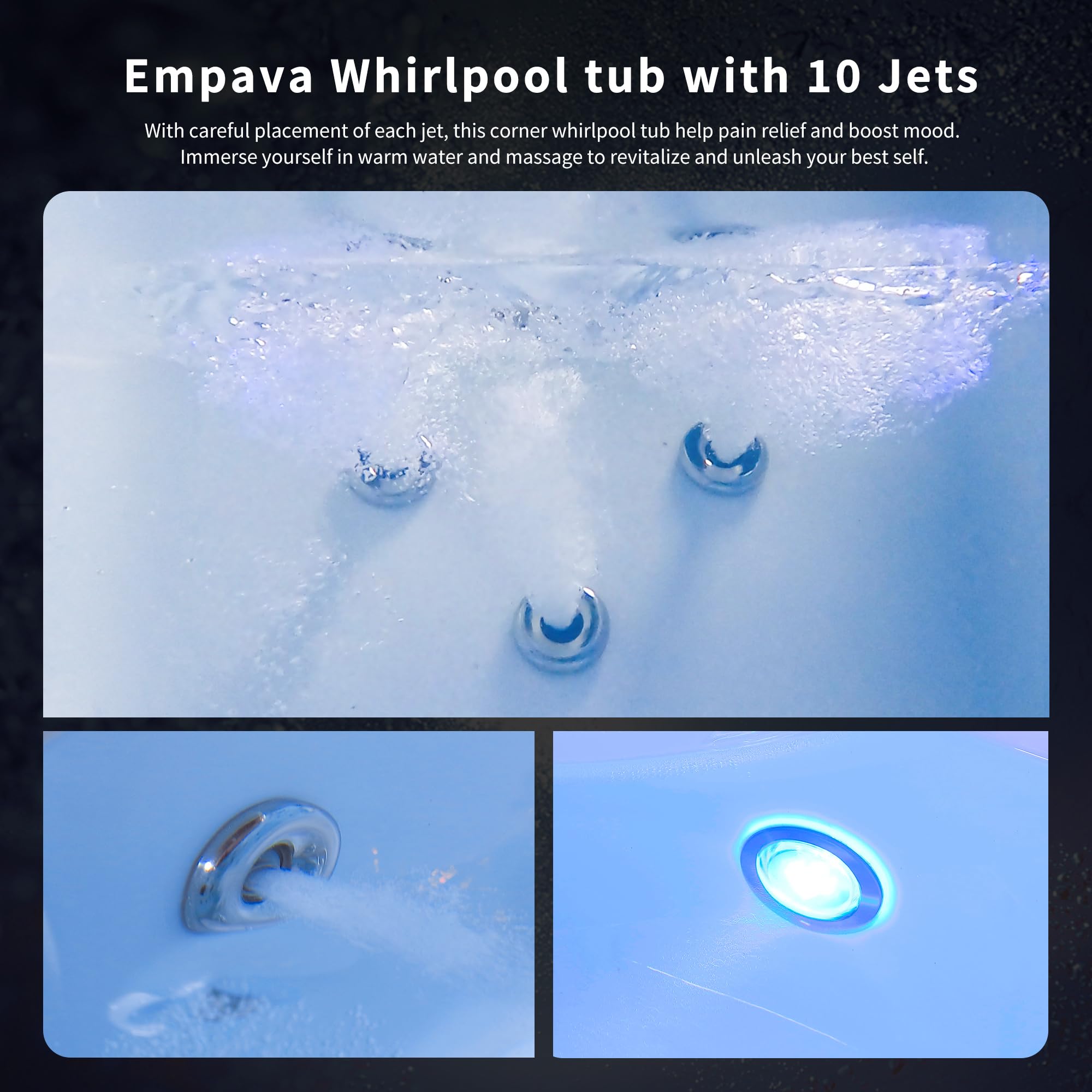 Empava Corner Whirlpool Bathtub with Heater,2 Person Jetted Tub with Light,Spa Hydromassage with Chromatherapy,Acrylic,59 in
