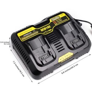 Lilocaja DCB102BP 2-Port Jobsite Charger Station Replacement for Dewalt 20V Max Battery Charger DCB102 DCB112 DCB104, Compatible with Dewalt 12V/20V Li-ion Battery DCB206 DCB606, with 2 USB Ports