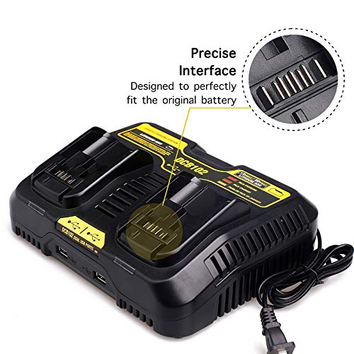 Lilocaja DCB102BP 2-Port Jobsite Charger Station Replacement for Dewalt 20V Max Battery Charger DCB102 DCB112 DCB104, Compatible with Dewalt 12V/20V Li-ion Battery DCB206 DCB606, with 2 USB Ports