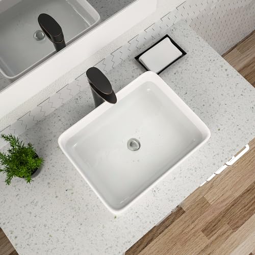 Vessel Sink Rectangular, Dcolora 19" x 15" Bathroom Vessel Sink White Ceramic Porcelain Rectangle Bathroom Vessel Sink Above Counter Vanity Bath Sink Basin