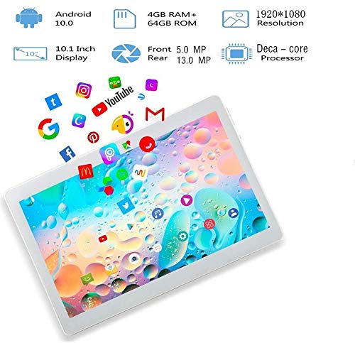 Deca core 10.1" Inch TYD Tablet Google Android 10, 4G LTE Dual SIM, 4GB RAM 64GB Storage, 1920 1200 Full HD IPS Touchscreen,Dual Camera, WiFi/WLAN/Bluetooth/GPS TYD-109 (64GB, Silver)