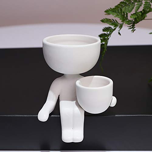 Tomppy Ceramic Plant Pot,Sitting Human Shaped Planter,Lazy Man Sitting Vase,Garden Balcony Bonsai Container,Creative Home Office Desktop Decorative Ornaments White