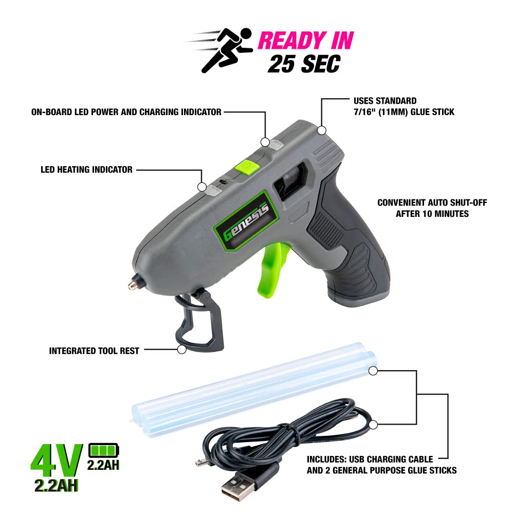 Genesis GLGG04V2 Cordless Rechargeable Hot Glue Gun, Fast Preheating with USB Charge Cable, Stand, and Glue Sticks
