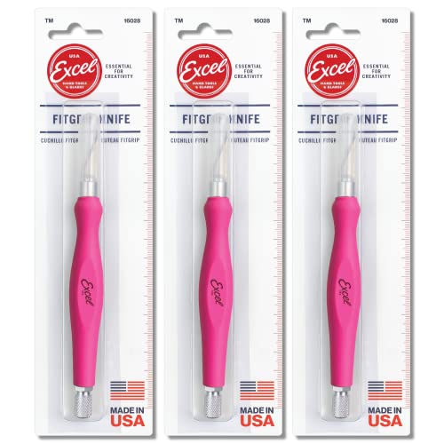 Excel Blades Fit Grip Knife, Ultra Sharp Knife with Carbon Steel Angled Edge Blade & Contoured Rubberized Grip, Made in the USA, Light Duty Cutting Tool for Precision Cutting & Trimming, Pink, 3 Pack