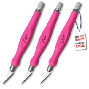 Excel Blades Fit Grip Knife, Ultra Sharp Knife with Carbon Steel Angled Edge Blade & Contoured Rubberized Grip, Made in the USA, Light Duty Cutting Tool for Precision Cutting & Trimming, Pink, 3 Pack