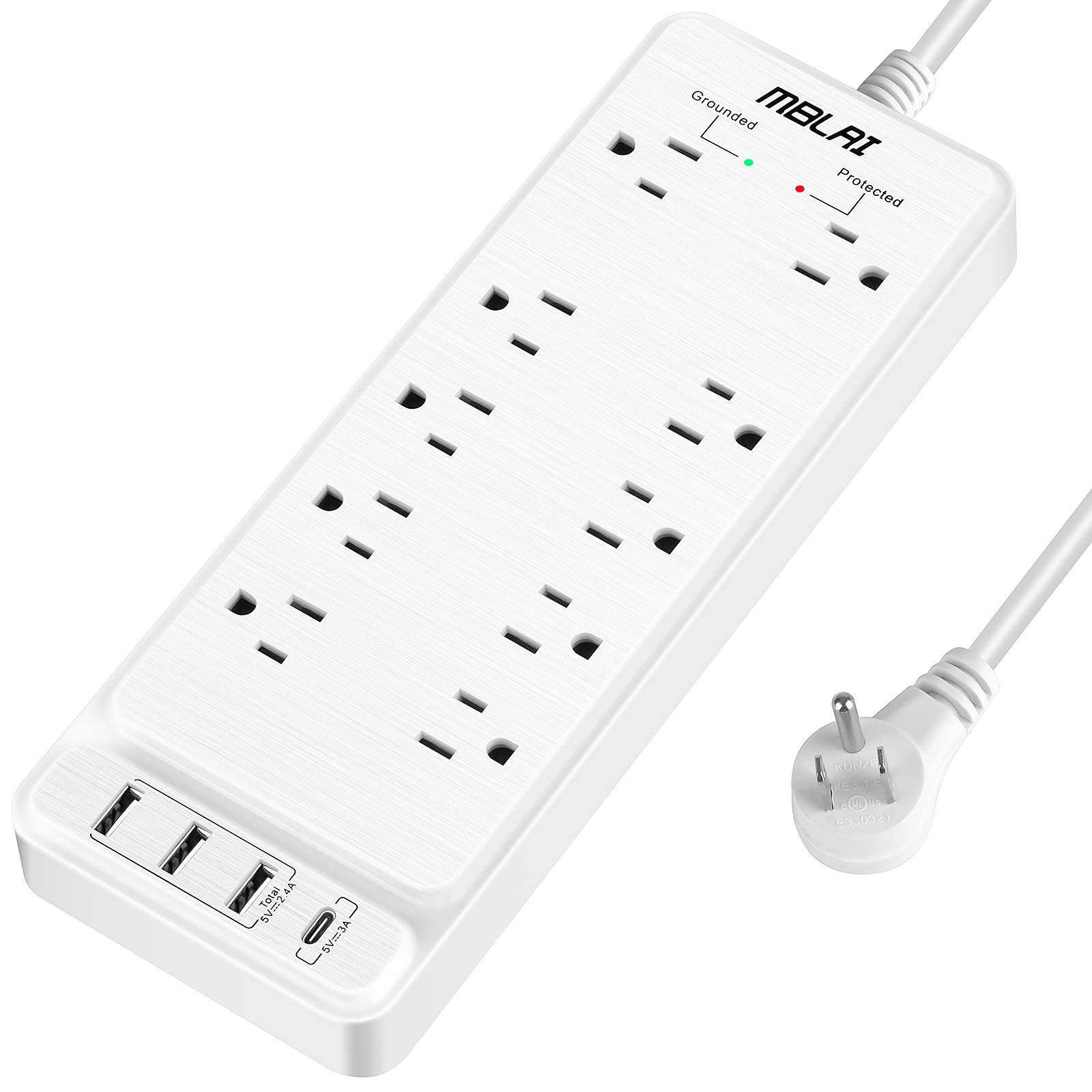 Power Strip Surge Protector with USB, Fast Charging Desktop USB C Power Strip Flat Plug with 10 AC Outlets 4 USB Ports, 1875W/15A, 8ft Extension Cords Outlet Strip for Home Office