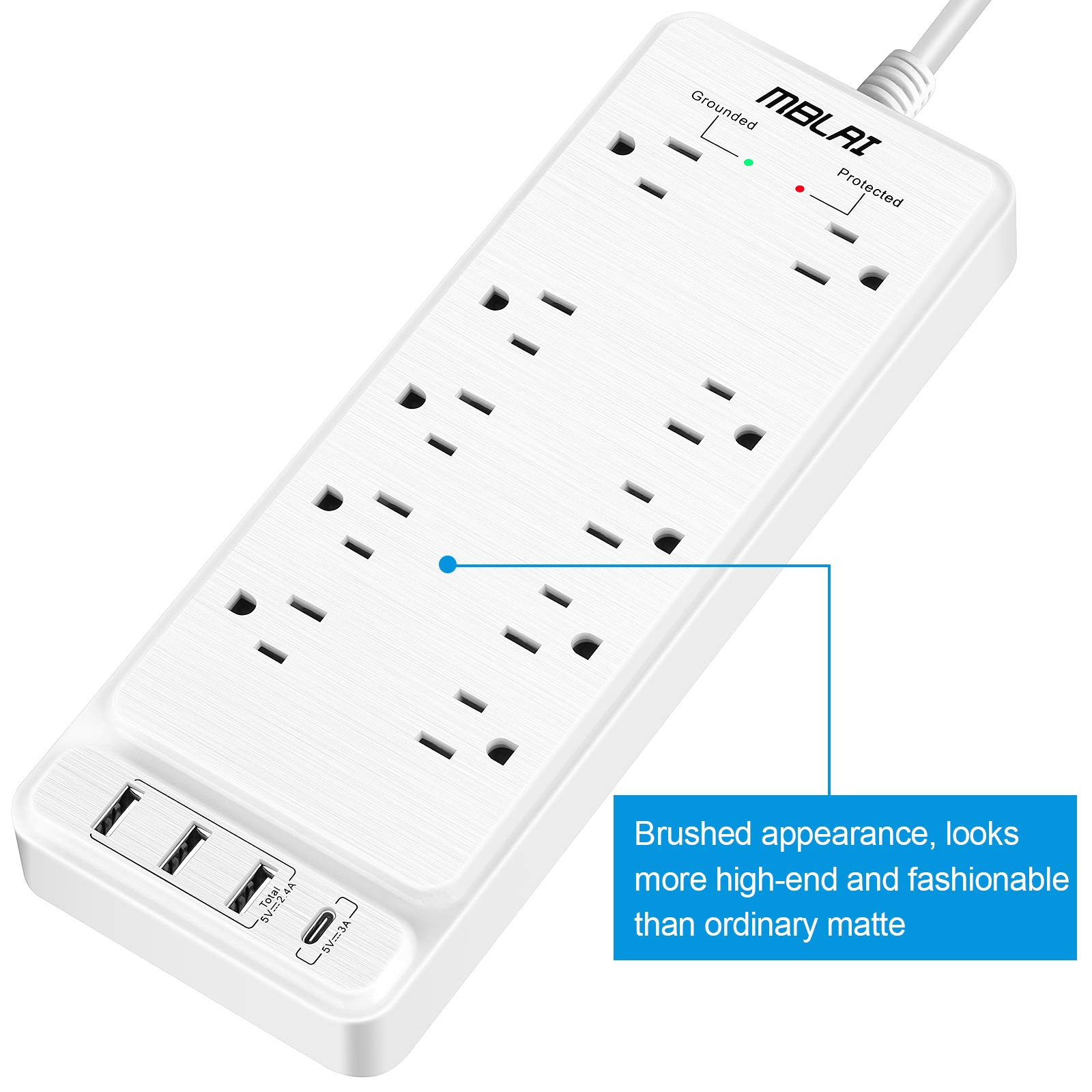 Power Strip Surge Protector with USB, Fast Charging Desktop USB C Power Strip Flat Plug with 10 AC Outlets 4 USB Ports, 1875W/15A, 8ft Extension Cords Outlet Strip for Home Office