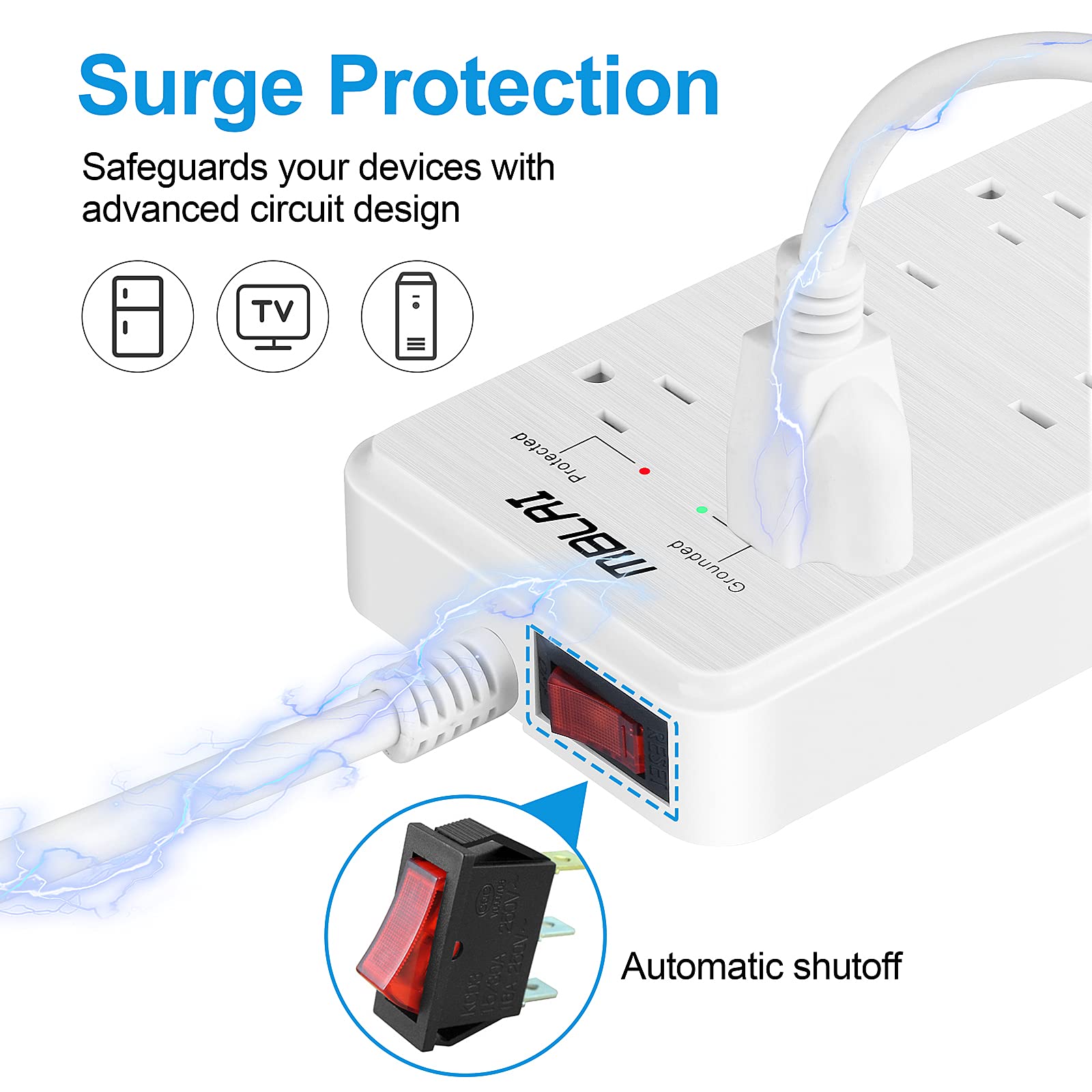 Power Strip Surge Protector with USB, Fast Charging Desktop USB C Power Strip Flat Plug with 10 AC Outlets 4 USB Ports, 1875W/15A, 8ft Extension Cords Outlet Strip for Home Office