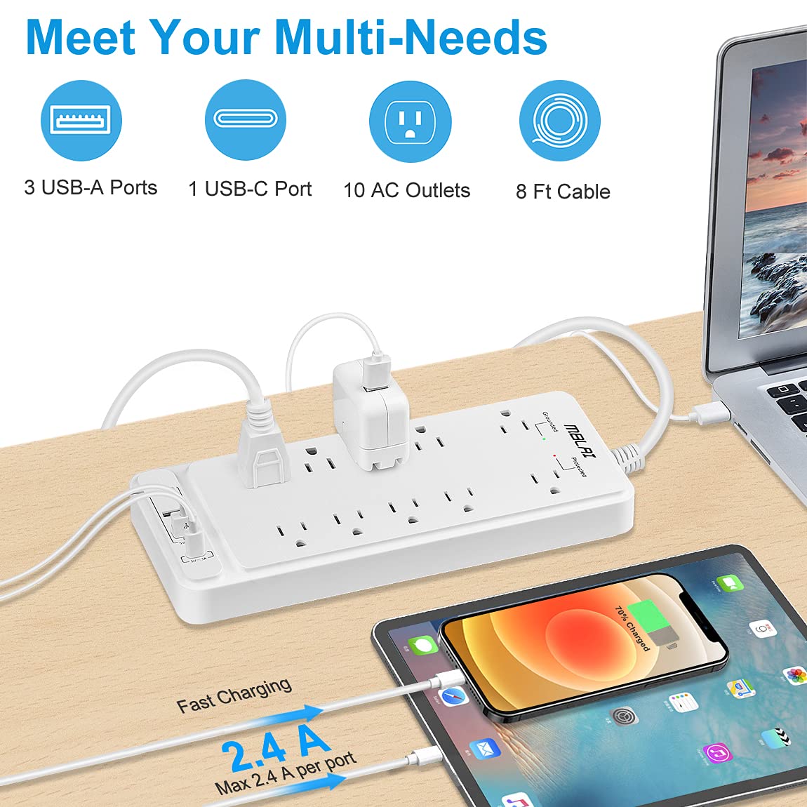 Power Strip Surge Protector with USB, Fast Charging Desktop USB C Power Strip Flat Plug with 10 AC Outlets 4 USB Ports, 1875W/15A, 8ft Extension Cords Outlet Strip for Home Office