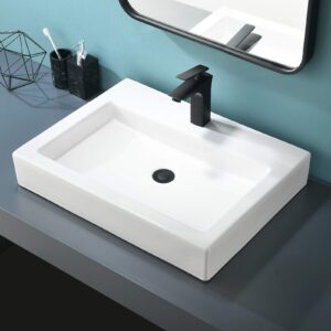 bathroom vessel sink rectangular white,valisy 24 x18 inch above counter porcelain ceramic vessel sink, rectangle modern vanity lavatory bath countertop bathroom sink bowl basin with single faucet hole