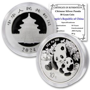 2024 30 gram silver chinese panda coin brilliant uncirculated with certificate of authenticity 10¥ bu