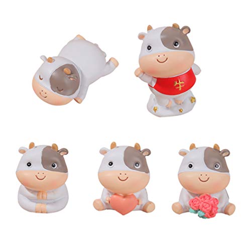 Happyyami 5pcs Mini Cute Cow Ornament Chinese Zodiac Figurines ox Statue Bonsai Ornament Lucky ox Lucky Cow Figure Cow Cake Figure Cow Figure Figurine Cow Statues Animal Resin Blush Embossed