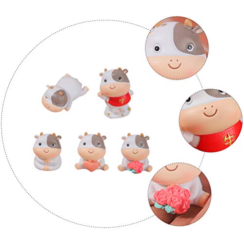 Happyyami 5pcs Mini Cute Cow Ornament Chinese Zodiac Figurines ox Statue Bonsai Ornament Lucky ox Lucky Cow Figure Cow Cake Figure Cow Figure Figurine Cow Statues Animal Resin Blush Embossed