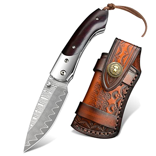 NedFoss Swordfish Damascus Pocket Knife for Men, Handmade Forged Damascus Steel Blade with Retro Leather Sheath, Sandalwood Handle, Excellent Gifts for Men