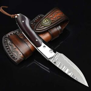 NedFoss Swordfish Damascus Pocket Knife for Men, Handmade Forged Damascus Steel Blade with Retro Leather Sheath, Sandalwood Handle, Excellent Gifts for Men