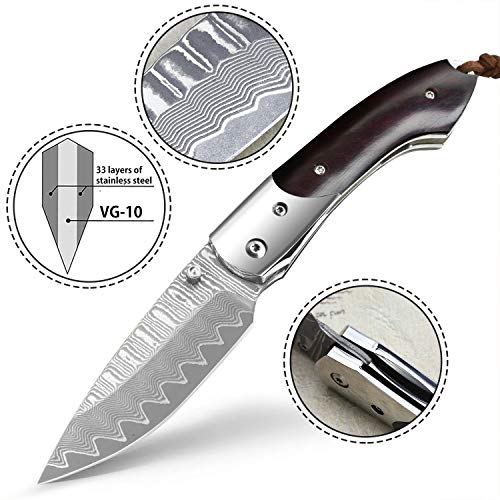 NedFoss Swordfish Damascus Pocket Knife for Men, Handmade Forged Damascus Steel Blade with Retro Leather Sheath, Sandalwood Handle, Excellent Gifts for Men