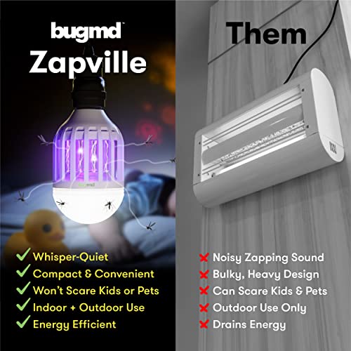 BugMD Zapville - Bug Zapper Indoor UV and LED Light Bulb, Portable Bug Zapper, Attracts Mosquitos Insects Bugs, Pest Control for Patios Porches Garage Shed for E27/E26 Base
