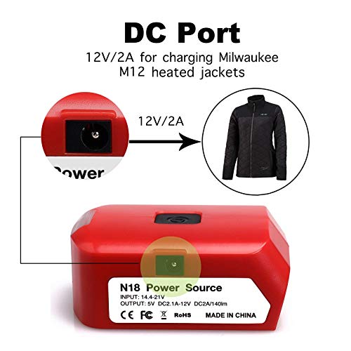 Lilocaja M18 Power Source Replacement for Milwaukee USB Charger Adapter 49-24-2371, with USB-C & USB Port & LED Work Light & DC Port, Compatible with Milwaukee M18 18V Li-ion Battery