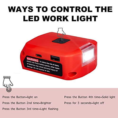 Lilocaja M18 Power Source Replacement for Milwaukee USB Charger Adapter 49-24-2371, with USB-C & USB Port & LED Work Light & DC Port, Compatible with Milwaukee M18 18V Li-ion Battery