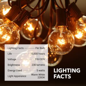 HBN 50ft Outdoor String Lights-Outdoor Incandescent String Lights, 52 G40 Bulbs (2 Spare) 5W 2200K Warm White, Connectable & Dimmable, IP44 Waterproof-Garden/Backyard/Patio/Porch/Courtyard/Café