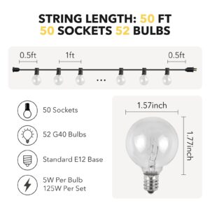 HBN 50ft Outdoor String Lights-Outdoor Incandescent String Lights, 52 G40 Bulbs (2 Spare) 5W 2200K Warm White, Connectable & Dimmable, IP44 Waterproof-Garden/Backyard/Patio/Porch/Courtyard/Café