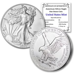 2024-1 oz american silver eagle coin brilliant uncirculated with certificate of authenticity $1 seller bu