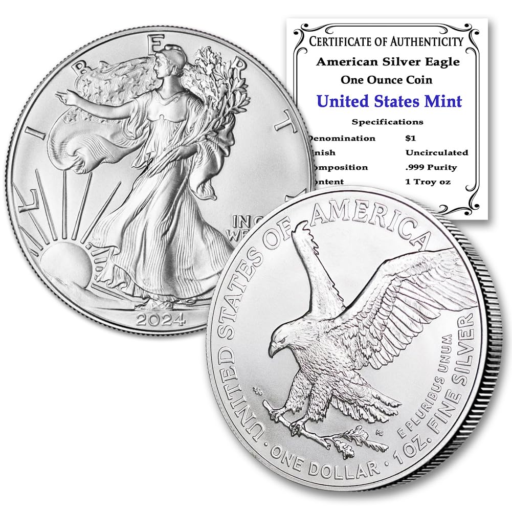 2024-1 oz American Silver Eagle Coin Brilliant Uncirculated with Certificate of Authenticity $1 Seller BU