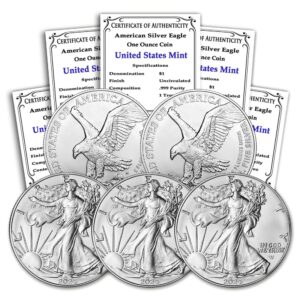 2024 - lot of (5) 1 oz american silver eagle coins brilliant uncirculated with certificates of authenticity $1 seller bu