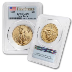 2023 1 oz american gold eagle coin ms-70 (first strike - flag label) 22k $50 pcgs ms70