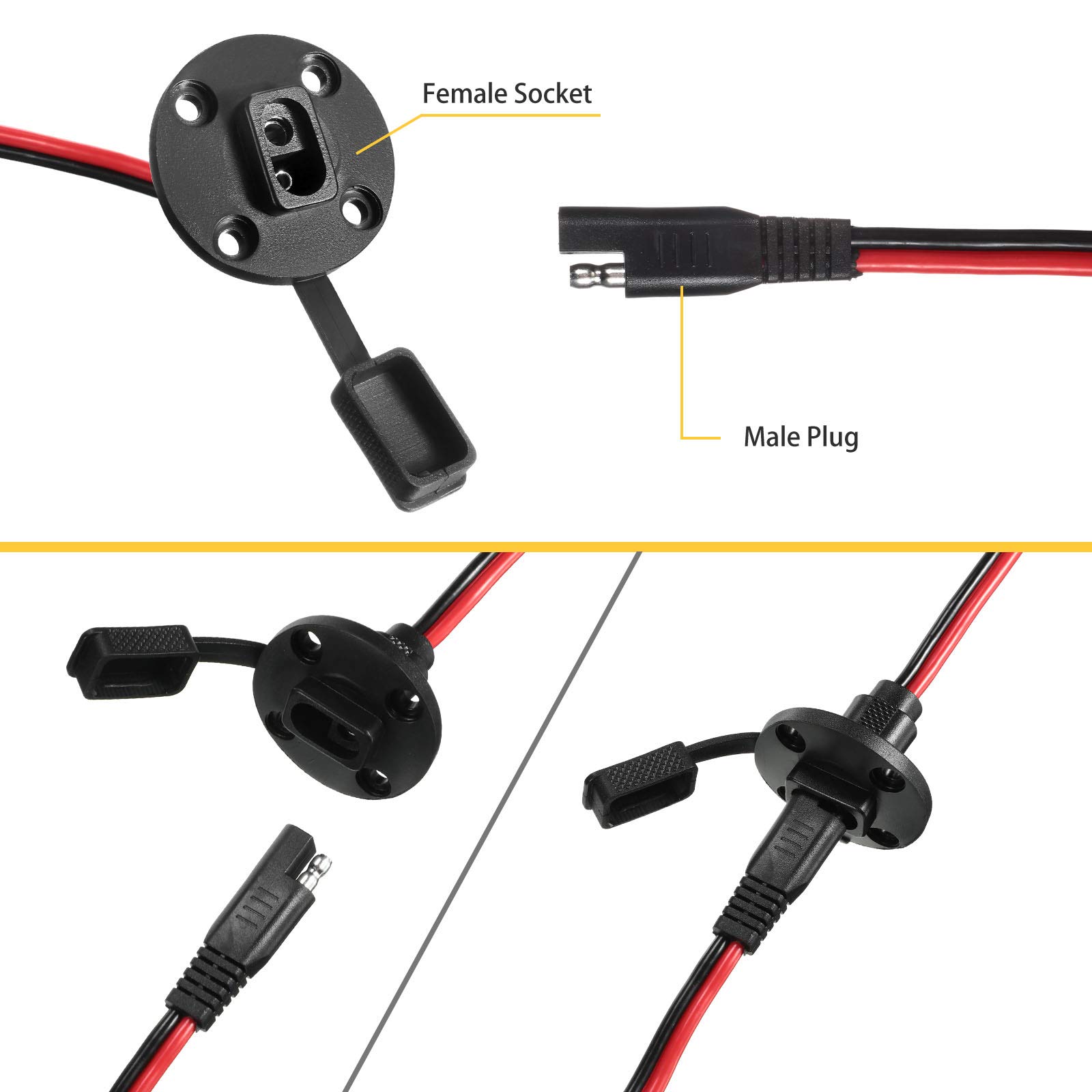 Weewooday 4 Packs Power Socket Sidewall Port Connector Compatible with SAE Weatherproof Quick Connect Panel Flush Mountable Connector 12awg Cable with 16 Screws for Solar Generator Battery Charger