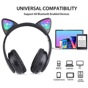 TCJJ Wireless Headphones Cat Ear LED Light Up Bluetooth Foldable Headphones Over Ear w/Microphone for Online Distant Learning (Black)