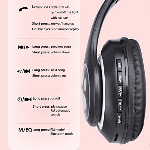 TCJJ Wireless Headphones Cat Ear LED Light Up Bluetooth Foldable Headphones Over Ear w/Microphone for Online Distant Learning (Black)