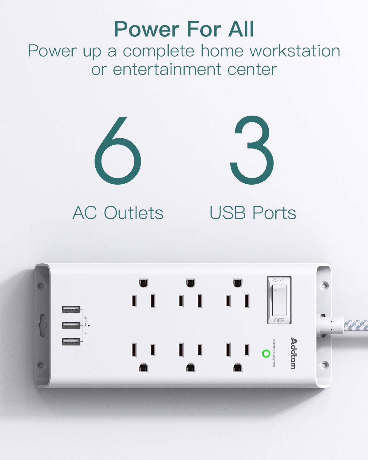 USB Wall Charger, Surge Protector, 5 Outlet Extender with 4 USB Charging Ports (1 USB C Outlet, 4.5A Total) and Power Strip Surge Protector, Addtam 6 Outlets and 3 USB Ports 5Ft Long Extension Cord