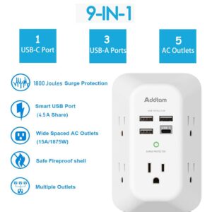 USB Wall Charger, Surge Protector, 5 Outlet Extender with 4 USB Charging Ports (1 USB C Outlet, 4.5A Total) and Power Strip Surge Protector, Addtam 6 Outlets and 3 USB Ports 5Ft Long Extension Cord